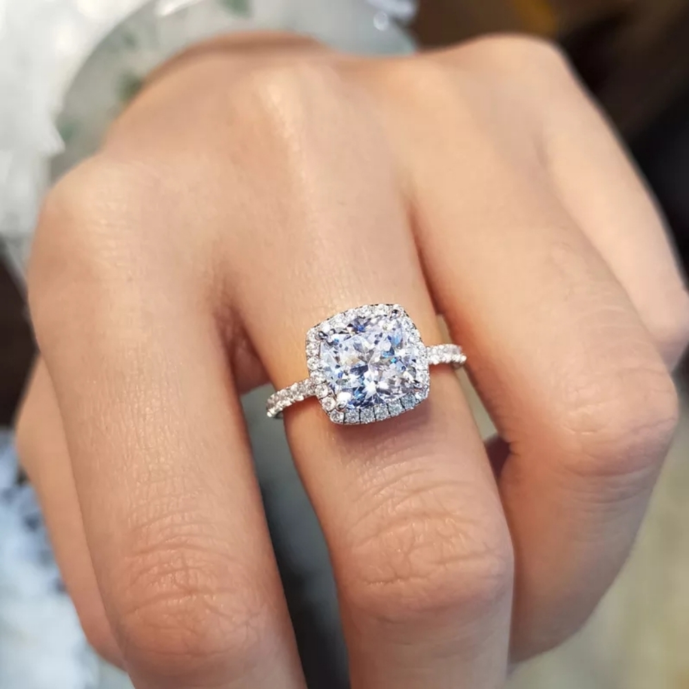 Classic Silver Square Cut Diamond Halo Ring Set - Picture 3 of 3